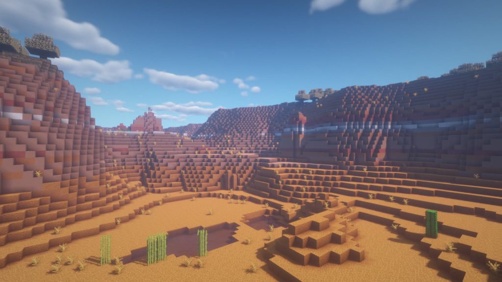 Rendering of the BSL Shaders in a Minecraft Desert