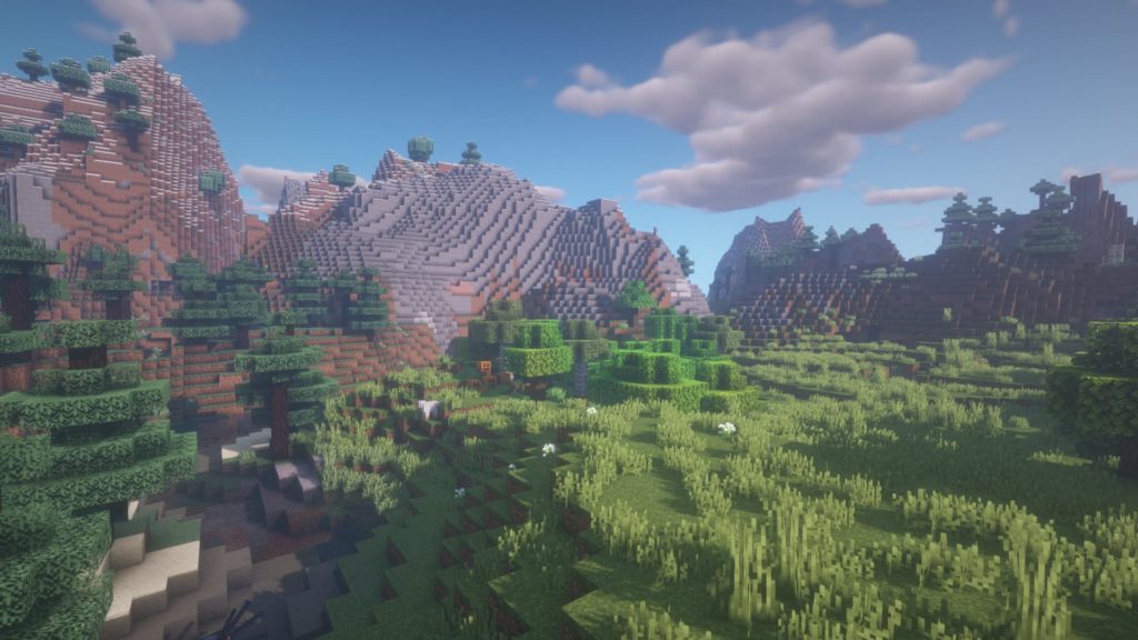 Rendering of BSL Shaders on a Minecraft plain