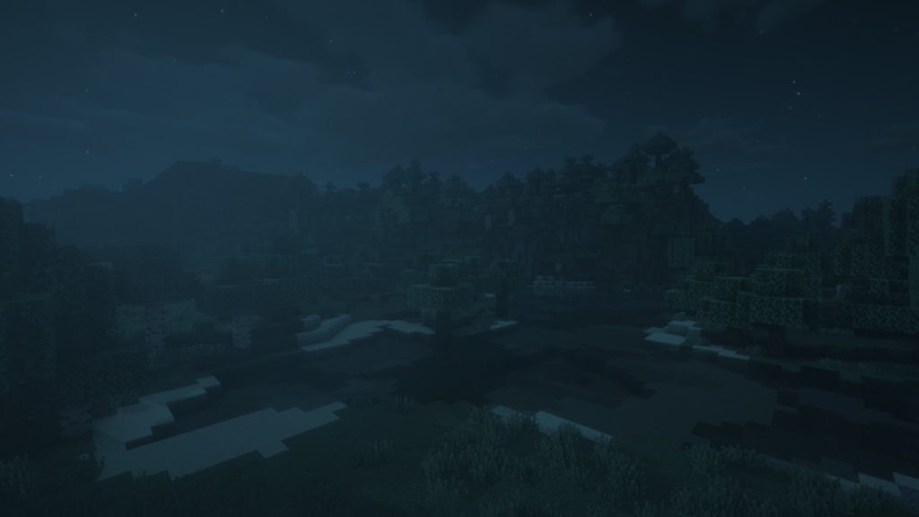 Rendering of the BSL Shaders during a night in Minecraft
