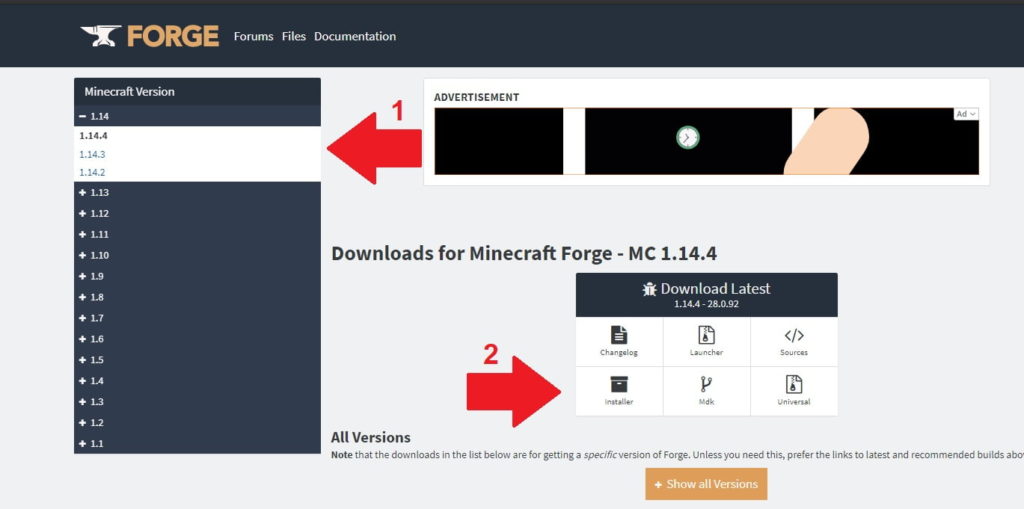 Download der Minecraft Forge auf der offiziellen Website