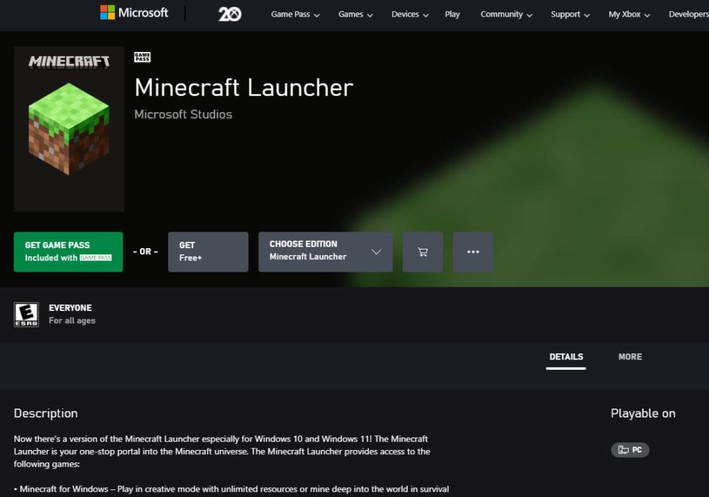 The Minecraft launcher on the Windows Store.