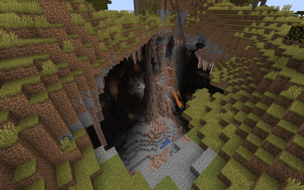 Una gran cueva de espeleotemas al aire libre Minecraft seed 1.18