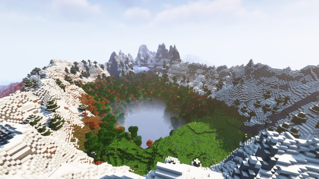 A lake in the middle of a crater, 3 villages and an pillager outpost Minecraft seed 1.18