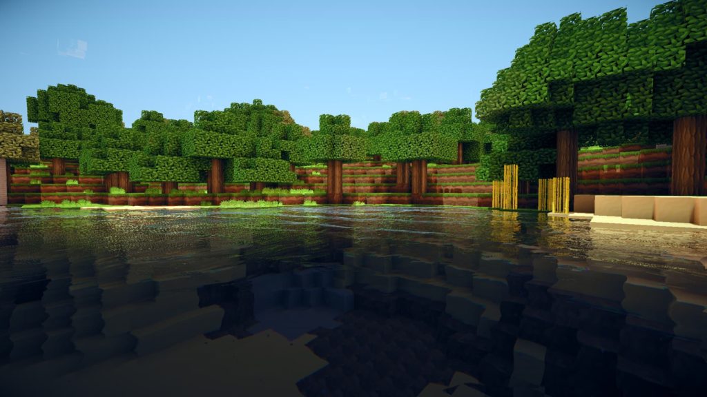 Minecraft bildschirmhintergrund : Ein See vor einem Wald.