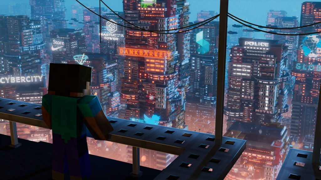 fundo da tela de minecraft de rendição futurista da cidade