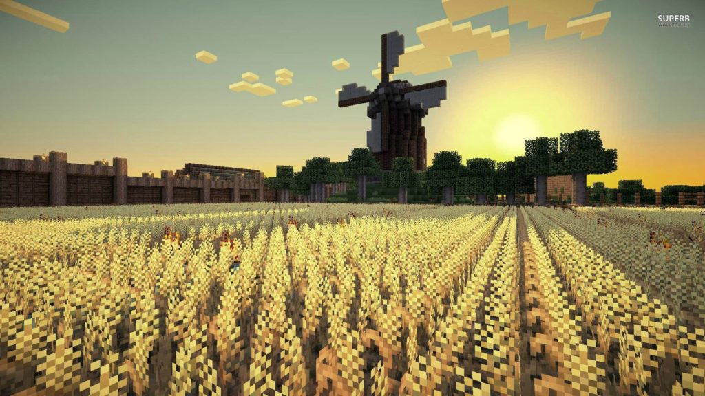 Minecraft fundo da tela campo de trigo e moinho