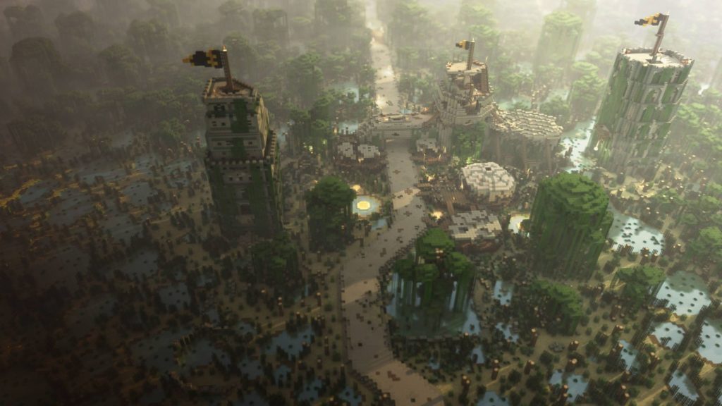 Minecraft bildschirmhintergrund : Eine Stadt mit Flaggen