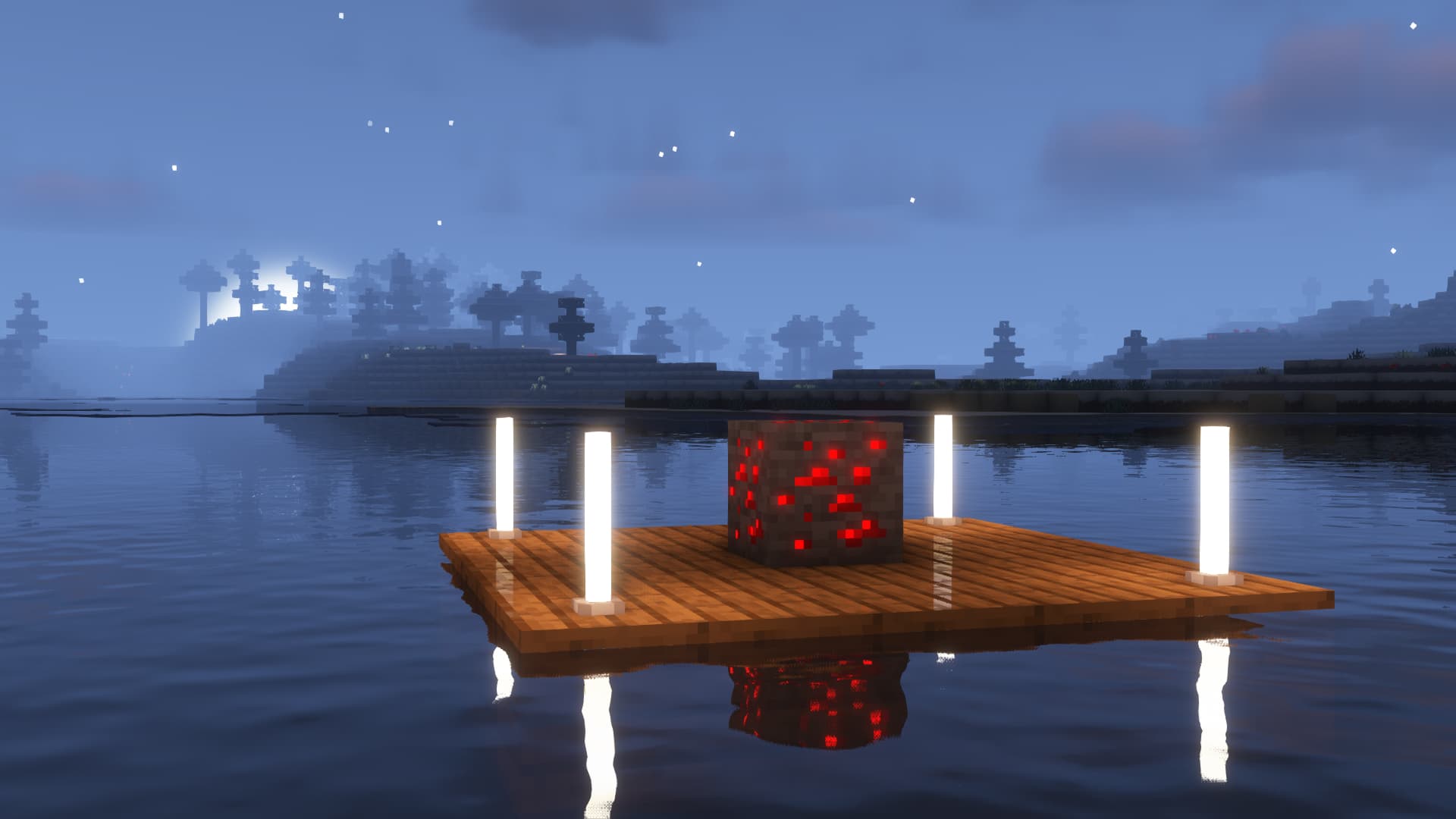  Ein Block aus rotem Stein in der Mitte eines Sees