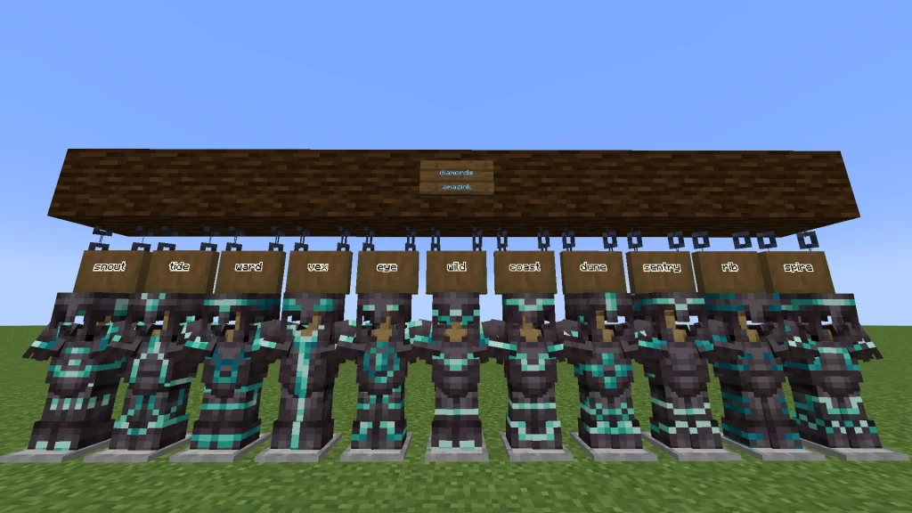 All smithing template designs on a Netherite armour with diamond colour.