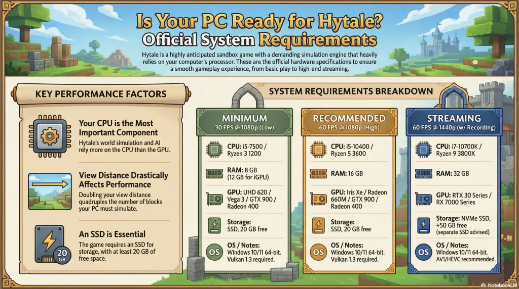 Hytale Hardware Requirements: What are the minimum specs to play? 2 Infographic detailing the official PC system requirements for Hytale. It displays three hardware tiers: Minimum (30 FPS @ 1080p), Recommended (60 FPS @ 1080p), and Streaming (60 FPS @ 1440p), listing specific CPU, RAM, GPU, and SSD requirements for each.
