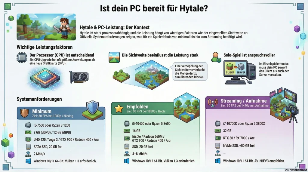 Infografik mit den offiziellen PC-Systemanforderungen für Hytale. Sie zeigt drei Hardware-Stufen: Minimum (30 FPS bei 1080p), Empfohlen (60 FPS bei 1080p) und Streaming / Aufnahme (60 FPS bei 1440p) und listet spezifische Anforderungen für CPU, RAM, GPU und SSD auf.